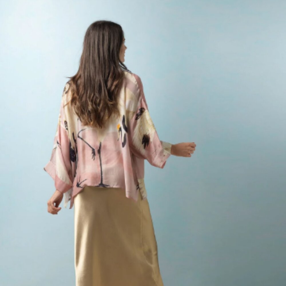 100 Stars rose pink heron print kimono jacket, cover up beach Asian